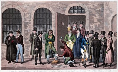 Grande-Bretagne Prison : Une condamnation à mort est attachée à la prison de Newgate à Londres (souvent mentionnée dans les romans de Charles Dickens). Gravure vers 1823. Bibliothèque des Arts Décoratifs. - Unknown artist
