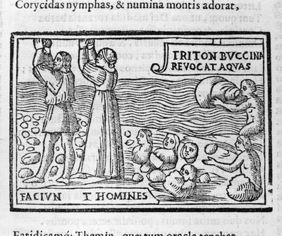 Mythologie grecque : Deucalion et Pyrrha jetant des pierres qui donnent naissance à des êtres humains après le déluge pour peupler la Terre. Xylographie du 16ème siècle - Unknown artist