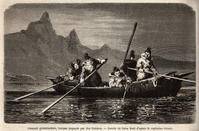 Umyak du Groenland, type de bateau manœuvré par des femmes. Gravure pour illustrer le voyage à la mer libre du pôle Arctique, par le docteur Hayes, chirurgien de la marine des États-Unis, en 1860-1862, publié dans « Le tour du monde, nouveau journal des vo - Unknown artist