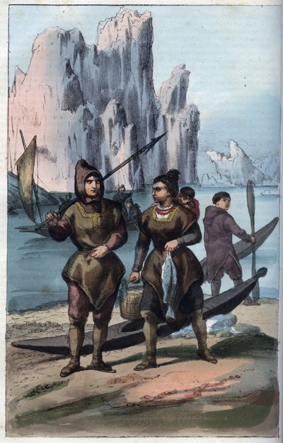 Hommes et femmes du Groenland revenant de la pêche (gravure de 