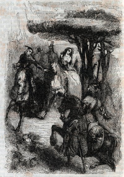 Griffon rencontre Origille - gravure de 1851 de "Roland furieux" (Orlando furioso) (16ème siècle) par Ludovico Ariosto, dit l