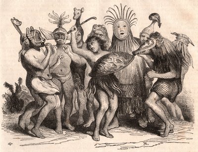 Groupe de sauvages brésiliens dansant avec des costumes, des masques et des coiffes traditionnelles - Unknown