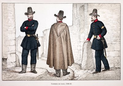 Gardiens de la paix (1848-1849). Eau-forte en couleurs, pour illustration « Histoire du corps des gardiens de la paix » livre publié sous les auspices de Louis Lépine (1846-1933) préfet de police de la Seine, par Alfred Rey (1864-?) et Louis Féron - Unknown artist