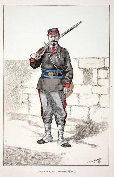 Gardiens de la paix mobilisés (1870-1871). Eau-forte en couleurs, pour illustration Histoire du corps des gardiens de la paix, livre publié sous les auspices de Louis Lépine (1846-1933) préfet de police de la Seine, par Alfred Rey (1864-?) et Louis Féron - Unknown artist
