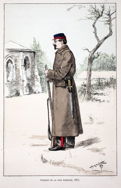 Gardiens de la paix mobilisés (1871). Eau-forte en couleurs, pour illustration "Histoire du corps des gardiens de la paix" livre publié sous les auspices de Louis Lépine (1846-1933) préfet de police de la Seine, par Alfred Rey (1864-?) et Louis Féron (1862 - Unknown artist