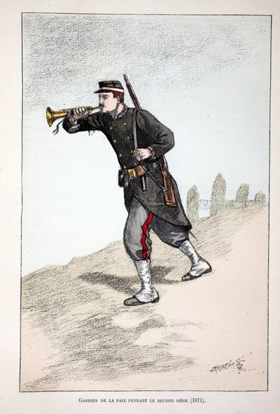 Gardiens de la paix pendant le second siège de la Commune de Paris (1871). Eau-forte en couleurs, pour illustration « Histoire du corps des gardiens de la paix » livre publié sous les auspices de Louis Lépine (1846-1933) préfet de police de la Seine - Unknown artist