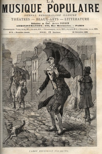 Guillaume Joseph Rousselle (Roussel), dit Cadet Rousselle (1743-1807), huissier français, sous la pluie dans une rue de Paris. gravure dans La musique populaire Illustrée hebdomadaire - 1881 - Unknown artist