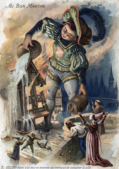 Les Voyages de Gulliver par Jonathan Swift. Gulliver seul éteint un incendie qui menaçait de dévorer la ville de Lilliput. Chromolithographie du 19ème siècle - Unknown artist