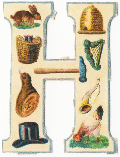 H: lièvre, ruche, panier de récolte, harpe, marteau, jambon, corne, chapeau, poule - Unknown artist