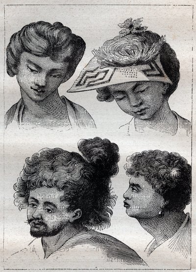 Coiffures des habitants de Tahiti - illustration tirée de « Les grands marins du 18ème siècle » - Unknown artist