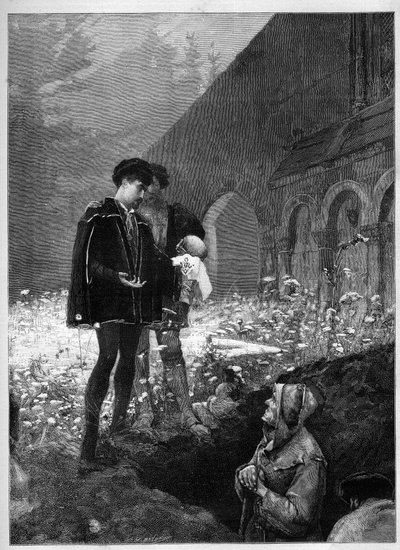 Hamlet dans le cimetière après la pièce éponyme de William Shakespeare (1564-1616). Gravure dans "Le Monde Illustré" - Unknown artist