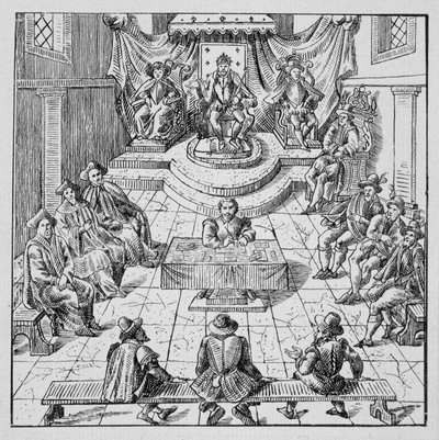 Henri III (1551 - 1589) tenant les États Généraux à Blois en 1576 - dans "Collection de 39 figures représentant les calamités de la France de 1562 à 1586"; Louis Perrin imprimerie - Unknown artist