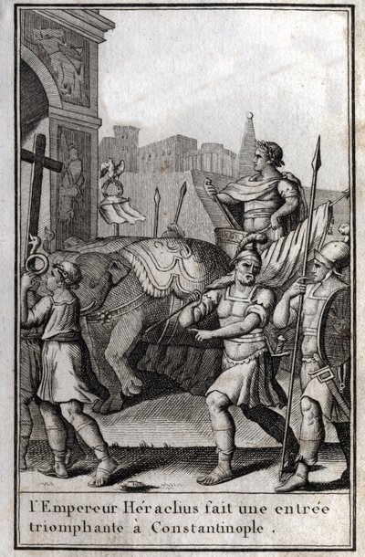 Héraclius Ier (Flavius Heraclius, Hérakleios (vers 575-610/641), empereur byzantin, fait une entrée triomphale à Constantinople. Il monte sur un char tiré par quatre éléphants et apporte devant lui la Vraie Croix (Sainte Croix) qui avait été prise - Unknown artist