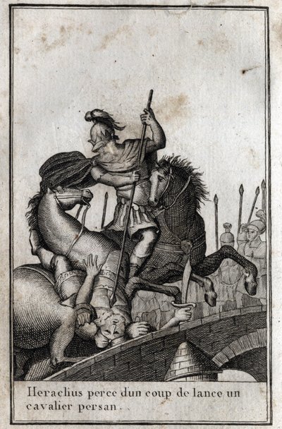 Héraclius I (Flavius Héraclius, Hérakleios (vers 575-610/641), empereur byzantin, transperce un cavalier perse (guerre contre les Perses), 7e siècle. Gravure dans « Beauté de l