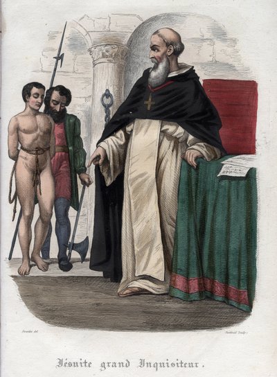 Prisonnier hérétique et Grand Inquisiteur jésuite sous le règne du pape Clément VIII. Gravure de 1842 dans « Histoire des papes » de Maurice Lachatre. Collection privée. - Unknown artist