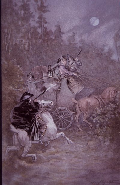 Un bandit de grand chemin attaque une diligence au début du 19e siècle (lithographie en couleur) - Unknown artist