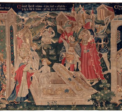 Histoire de Saint Piat et Saint Éleuthère, Scène 12 : La résurrection de la fille du tribun (Comment Jésus-Christ réclama le bon saint et ressuscita par chy la fille de tribun présent son père et le commun). - Unknown artist