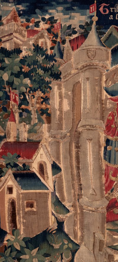 Histoire de Saint Piat et Saint Éleuthère, Scène 14 : La peste ravage la ville de Tournai (Tribuns voit sa fille retraire des chrétiens et elle atraire à sa loi dont la mort soudaine en fut bientôt aux païens prochaine). (détail) - Unknown artist