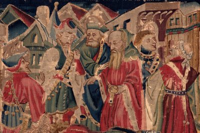 Histoire de Saint Piat et Saint Éleuthère, Scène 14 : La peste ravage la ville de Tournai (Tribuns voit sa fille retraire des chrétiens et elle atraire à sa loi dont la mort soudaine en fut bientôt aux païens prochaine). (détail) - Unknown artist