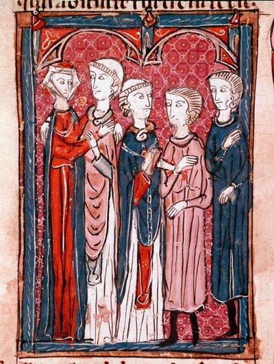 Histoire du droit canonique : scène de fiançailles Miniature du Décret de Gratien (Concordia discordantium canonum ou Decretum Gratiani) datant de 1140 et régulant les lois et canons de l