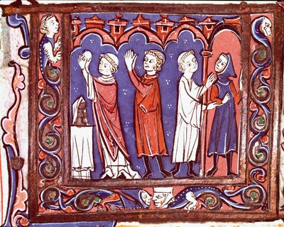 Histoire du droit canonique : scène de communion (gauche) et excommunication (droite) Miniature des Décrétales de Giovanni d