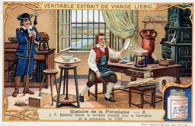 Histoire de la porcelaine : Johann Friedrich Böttger (Böttcher ou Böttiger) (1682-1719) découvre la véritable méthode de fabrication de la porcelaine en 1709 - Chromolithographie Liebig - Unknown artist