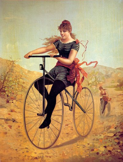 Histoire de la bicyclette : vélocipédiste ou une femme pédalant sur un vélo - Unknown artist