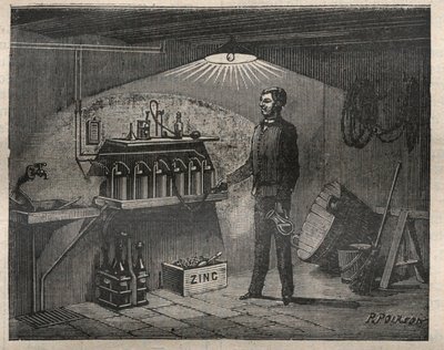 Électricité domestique : Installation de la batterie inventée par Radiguet dans une cave - Gravure dans « La Science française » - Unknown artist