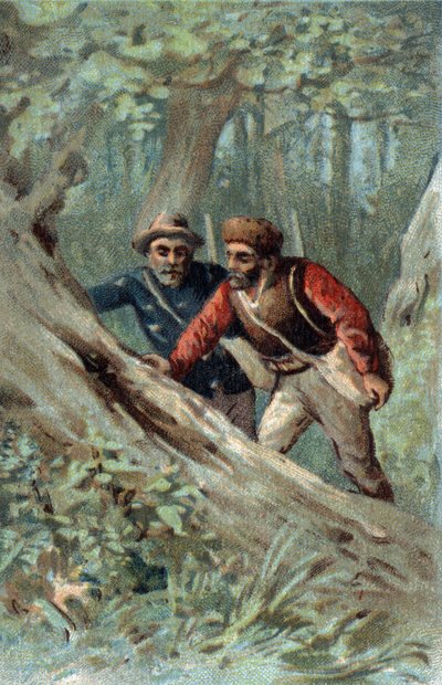 Chasseurs de miel au Canada cherchant un arbre à essaim. Chromolithographie de la fin du 19ème siècle. - Unknown artist
