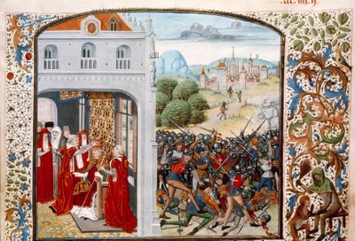 Guerre de Cent Ans : le pape Grégoire XI couronné à Avignon en 1370. La bataille de Pontvallain entre Français et Anglais le 4/12/1370. Miniature des "Chroniques" de Jean Froissart - Unknown artist