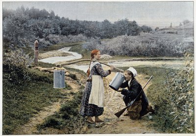 Chasseur et fille à la fontaine (Russie) - photographie, fin 19ème siècle - Unknown artist