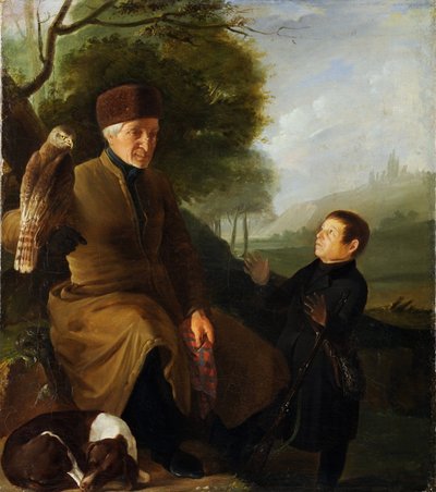 Chasseur avec faucon. Portrait du prince Platon Alexandrovich Zubov et Ivan Andreevich Yakubovsky - Unknown artist