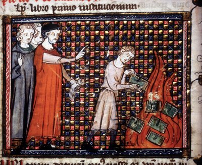 Iconoclastes jetant des manuscrits miniatures dans le feu. Manuscrit du XIVe siècle - Unknown artist