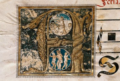 Lettre enluminée de la prédication de Jésus devant les apôtres et la flagellation, tirée d
