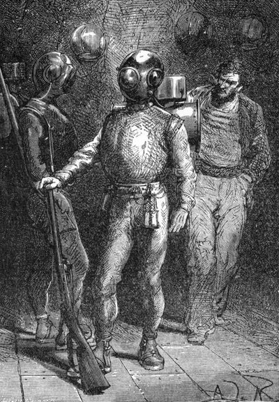 Illustration de "Vingt mille lieues sous les mers" de Jules Verne. Un marin du Nautilus portant le scaphandre Rouquayrol-Denayrouze. Gravure du 19e siècle - Unknown artist