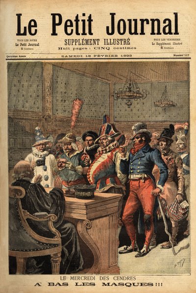 Illustration pour le Mercredi des Cendres, après le Carnaval de Mardi Gras, les costumes de fête passent devant le juge pour se dévoiler. Gravure dans « Le petit journal » 18/02/1893. Collection Selva. - Unknown artist