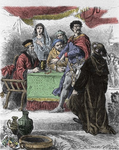 Illustration pour « Ivanhoé » de Walter Scott (1771-1832), écrivain écossais : Ivanhoé est défié par le chevalier saxon Brian de Bois Guilbert - Unknown artist