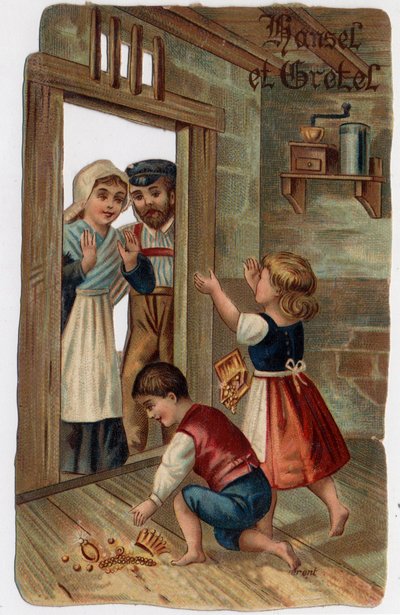 Illustration pour le conte des frères Grimm « Hansel et Gretel » : Hansel et Gretel retournèrent chez eux et donnèrent à leurs parents les bijoux qu