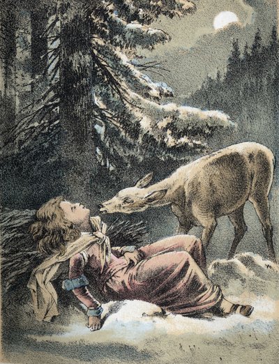 Illustration des contes de Franz Hoffmann « Contes et Fables - Von Weifshändchen und breitfüßchen » : une fille évanouie dans la neige et un cerf. Chromolithographie du XIXe siècle. - Unknown artist