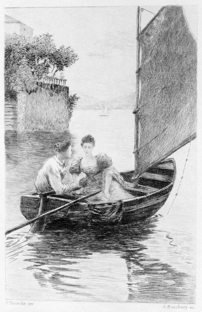 Illustration de « Le Rouge et le Noir » de Stendhal. 1830. Julien Sorel et Madame de Rênal représentés sur un voilier. Gravure de la fin du 19ème siècle - Unknown artist