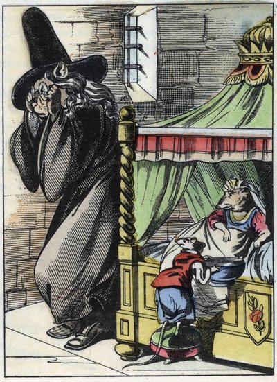 Illustration du conte "Le terrible Raminagrobis et les souris", personnage tiré des fables de Jean de La Fontaine. Dans "Contes de la maison pour les petits". Gravure anonyme du XIXe siècle. - Unknown artist