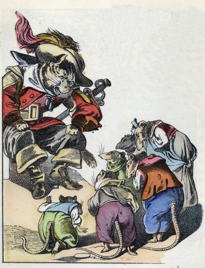 Illustration du conte "Le terrible Raminagrobis et les souris", personnage tiré des fables de Jean de La Fontaine. Dans "Contes de la maison pour les petits". Gravure anonyme du XIXe siècle. - Unknown artist
