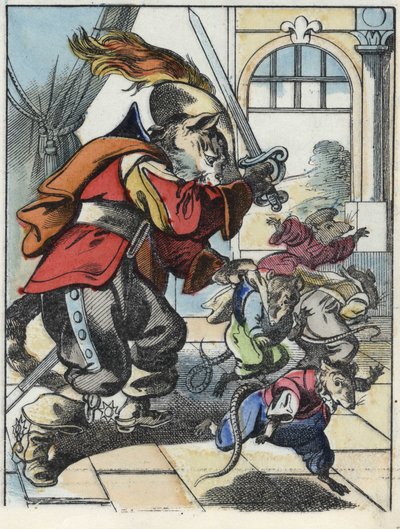 Illustration du conte « Le terrible Raminagrobis et les souris » personnage tiré des fables de Jean de la Fontaine. Dans « Contes de la maison pour les petits ». Gravure anonyme du XIXe siècle - Unknown artist