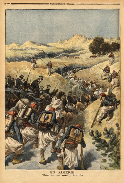 En Algérie, un bataillon organisé par un bataillon de Zouaves, renforcé par la cavalerie, pour capturer Areski ben Bashir, trois fois condamné à mort par le tribunal d