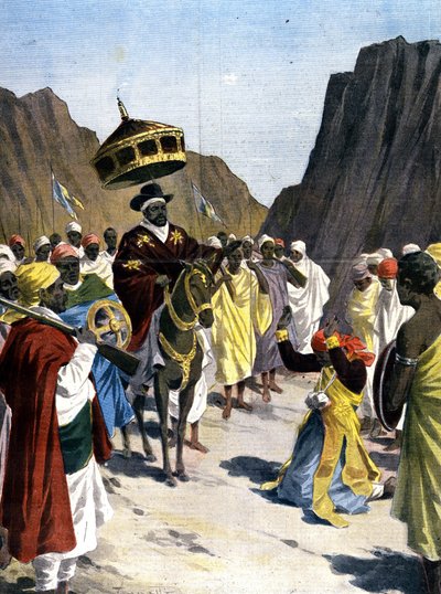 À Borumieda, le Ras Mangacha, gouverneur de la province du Tigré en Abyssinie, fait un acte de soumission au Négus Ménélik II (1844 - 1913) avec la pierre autour du cou. 1899. Illustration de Silhouette pour la presse. - Unknown artist