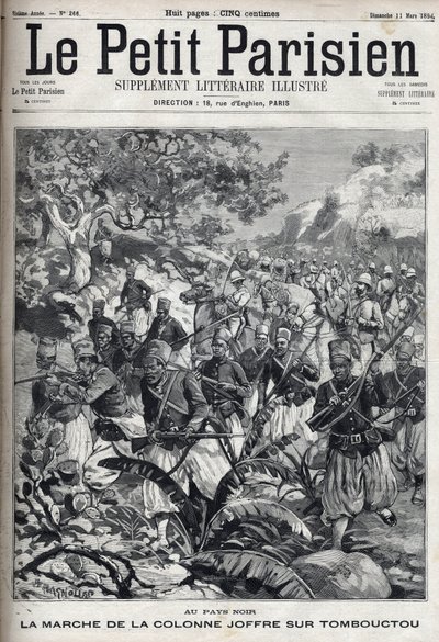 Dans les colonies françaises : la marche de la colonne du général Joseph Joffre (1852-1931) et son armée de spahis sur Tombouctou (Mali). Gravure dans « Le Parisien » - Unknown artist