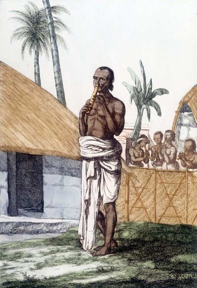 Culture et civilisation indiennes : musicien jouant de la flûte bansuri, instrument de musique traditionnel, Inde. Gravure 1808. - Unknown artist