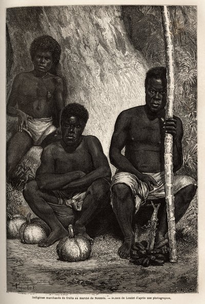 Marchand de fruits indigènes, sur le marché de Nouméa (Nouvelle-Calédonie). Gravure pour illustrer le voyage en Nouvelle-Calédonie de 1863 à 1866, par Jules Garnier, ingénieur civil des mines, dans « Le tour du monde, nouveau journal des voyages » publié s - Unknown artist