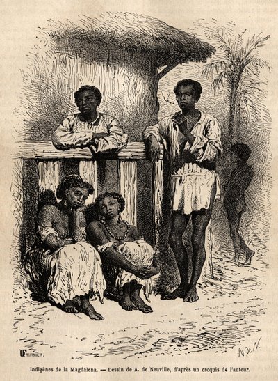 Indigènes de la Magdalena (rivières), dans les rues de la ville de Mompox (Colombie). Gravure pour illustrer le voyage en Nouvelle-Grenade, par le Dr Saffray, en 1869, publié dans « Le tour du monde » 1872, édité par Edouard Charton, édition Hachette - Unknown artist