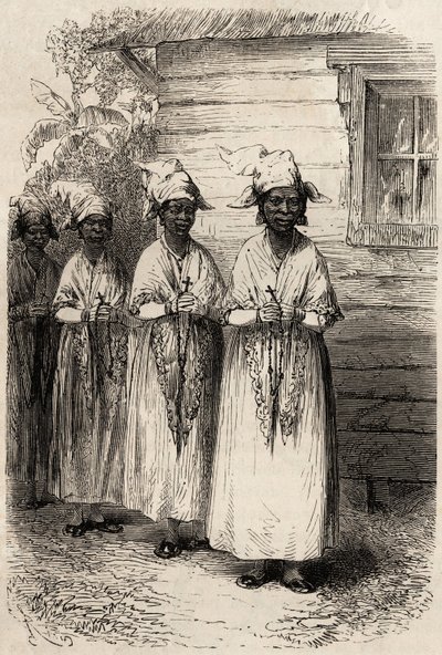 Femmes indigènes de Guyane, à la procession catholique de la Fête-Dieu. Gravure pour illustrer le voyage en Guyane française en 1862-1863, par Frédéric Bouyer, capitaine de frégate, dans "Le tour du monde, nouveau journal des voyages", publié sous la dir - Unknown artist